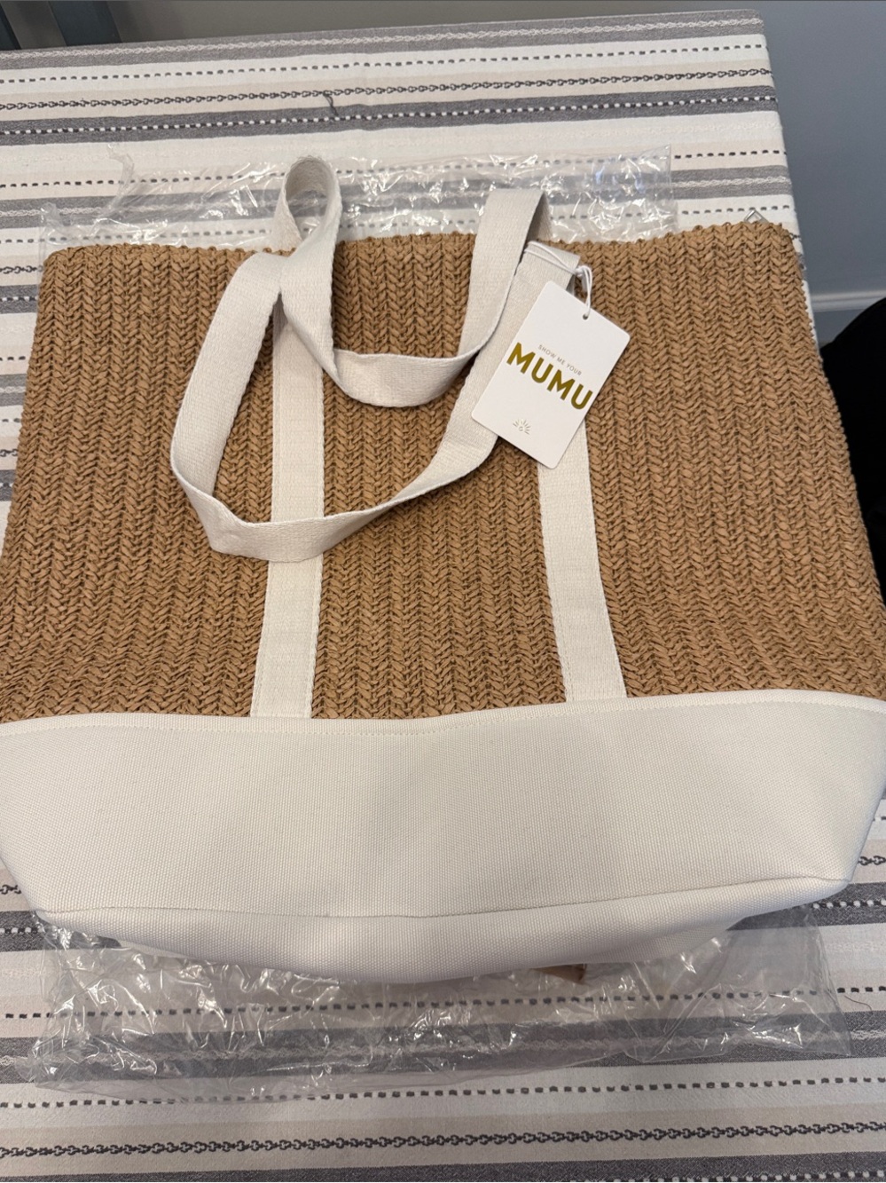 Tan & Cream straw Woven Tote